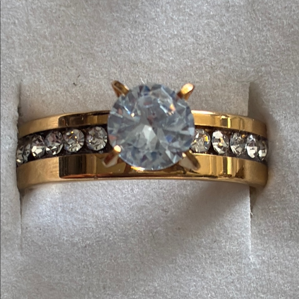 Gold Tone Women's Ring Prong Set Stone Stainless Steel
